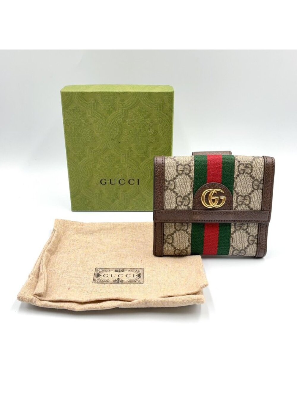 Gucci Ophidia GG French Flap Wallet Leather Brown Beige Bifold Gold - Picture 14 of 14